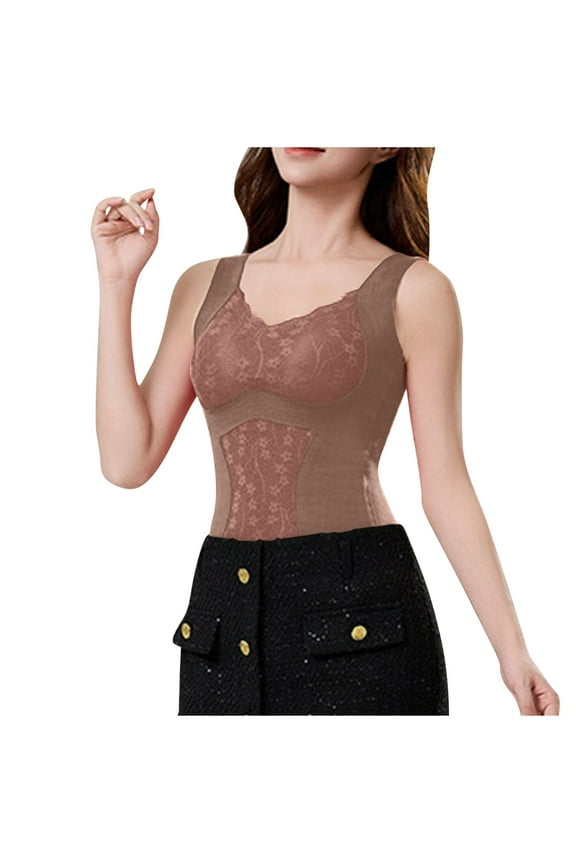 Womens Thermal Vest for Cold Weather Slim Floral Embroidery Fall Winter Tank Tops with Padding Fashion Quick Dry Warm Long Underwear