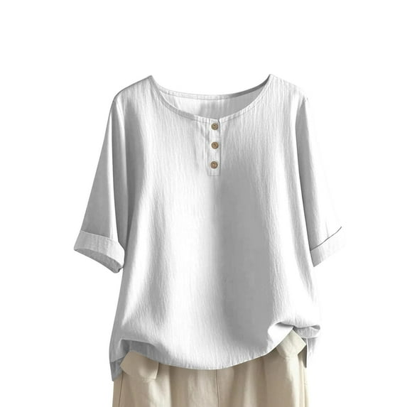 Kilaqueen Womens Tops 3/4 Sleeve Button Crew Neck Lightweight Tunic Tops Solid Color Loose Fit Summer Beach Tee Shirts