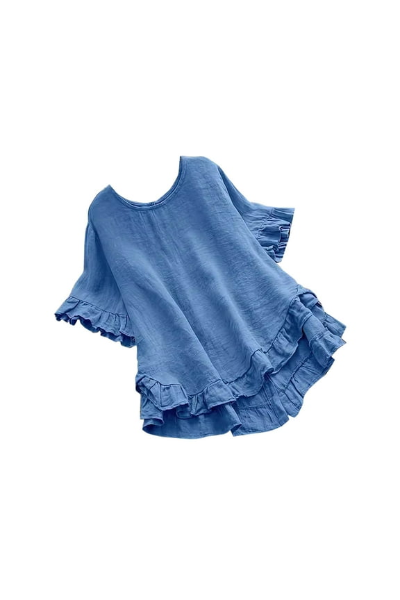 Womens Tops Crew Neck Short Sleeve Ruffled Hem Pleated Blouse Casual Solid Color Loose Fit Babydoll Tops