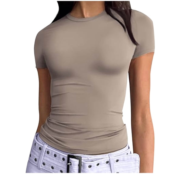 Kilaqueen Womens Tops Crewneck Short Sleeve Going Out Crop Tops Casual Solid Color Stretch Slim Fit 2026 Basic Tee
