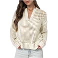 thumbnail image 1 of Kilaqueen Womens Tops Crochet Hollow Out Long Sleeve Quarter Zip Crewneck Pullovers Casual Solid Color Relaxed Fit Tunic Tees, 1 of 6