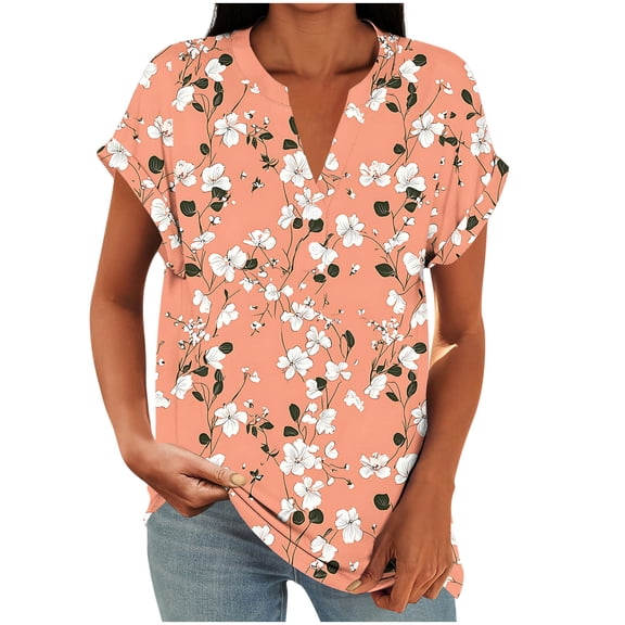 Kilaqueen Womens Tops Floral Print V Neck Short Sleeve Pullover Tops Casual Trendy Summer Loose Fit Beach Vacation Outfits
