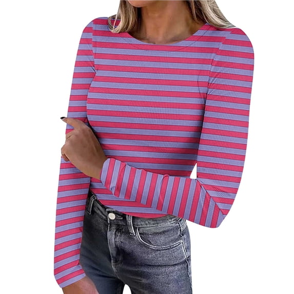 Kilaqueen Womens Tops Striped Long Sleeve Crew Neck Ribbed Knit Basic Tee 2026 Casual Trendy Slim Fit Comfy Stretch Pullover Tops