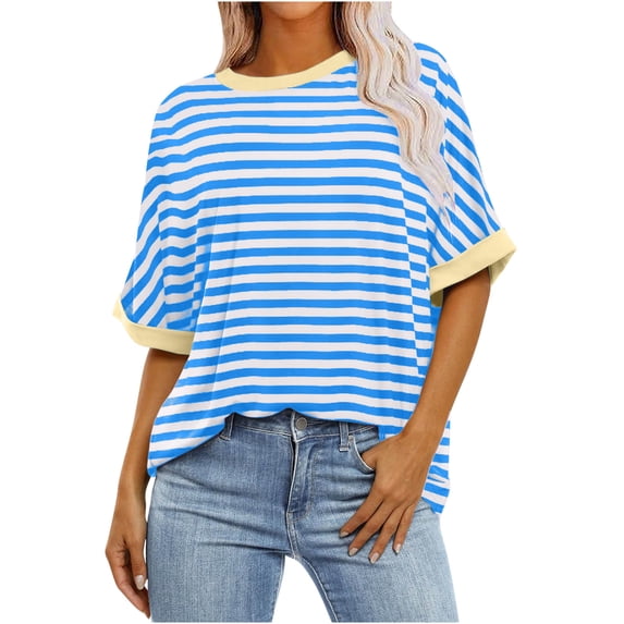 Kilaqueen Womens Tops Striped Short Sleeve Crew Neck Loose Fit PulloverTops Casual Trendy Summer Going Out Tee