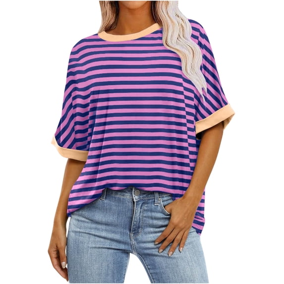 Kilaqueen Womens Tops Striped Short Sleeve Crew Neck Loose Fit PulloverTops Casual Trendy Summer Going Out Tee