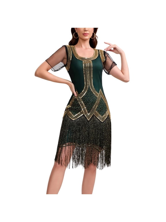 Womens Vintage Inspired Fringe Dress with Sheer Short Sleeves and Beaded Geometric Detail, Flapper Style Party Dress for Dance and Costume Events