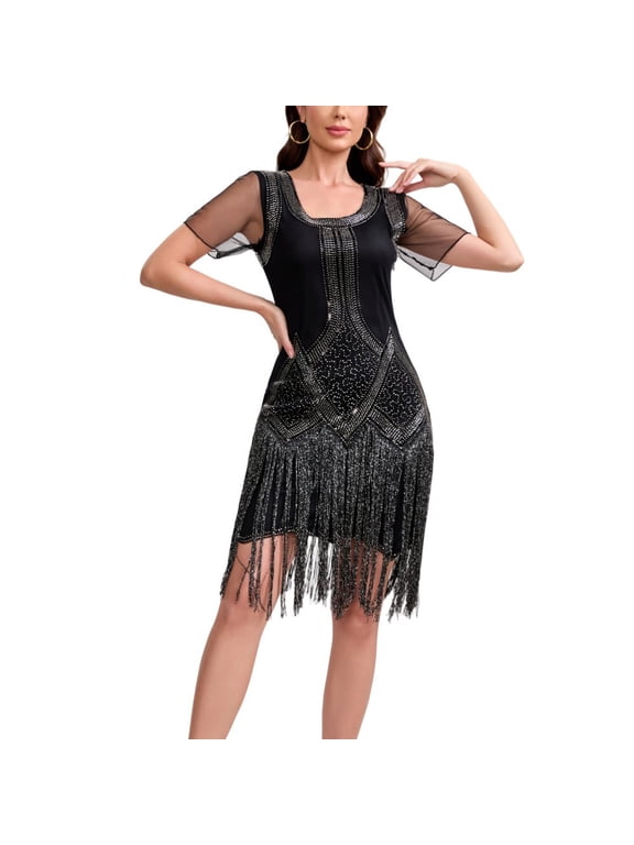 Womens Vintage Inspired Fringe Dress with Sheer Short Sleeves and Beaded Geometric Detail, Flapper Style Party Dress for Dance and Costume Events