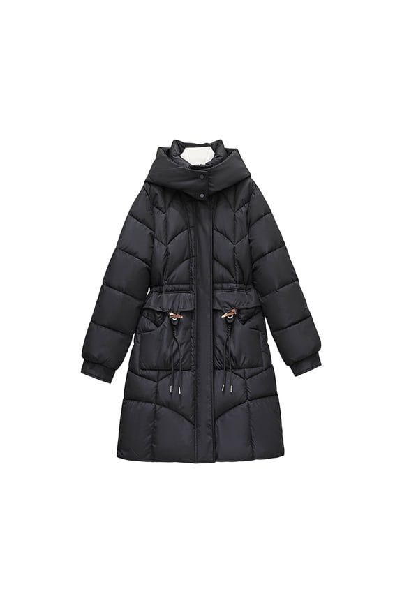 Womens Winter Coats Removable Hood Full Zip Long Sleeve Quilted Padded Puffer Jackets wtih Cow Button Pockets