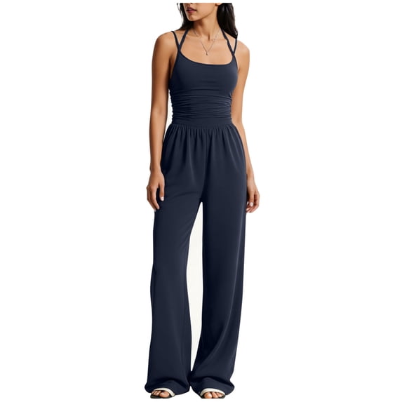 Kilaqueen Workout Jumpsuits for Women Spaghetti Strap Backless Soft Jumpers High Waist Wide Leg Pants Rompers Casual Summer One-Piece Outfits