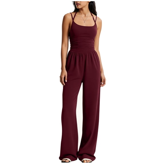 Kilaqueen Workout Jumpsuits for Women Spaghetti Strap Backless Soft Jumpers High Waist Wide Leg Pants Rompers Casual Summer One-Piece Outfits
