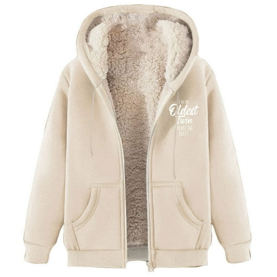 Kilaqueen Zip-Up Sweatshirts for Women Letter Printed Drawstring Hooded Jacket with Pocket Fall Winter Long Sleeve Thicken Warm Sherpa Bomber Coat