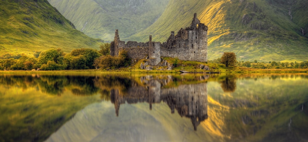 Kilchurn Castle reflection in Loch Awe Argyll and Bute Scottish Highlands Scotland Canvas Art - Panoramic Images (12 x 24)