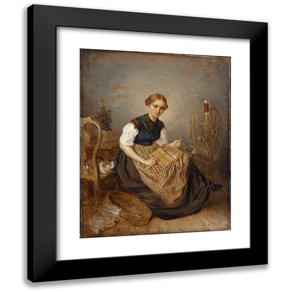 Kilian Zoll 20x24 Black Modern Framed Museum Art Print Titled - A Girl Carding (1856)