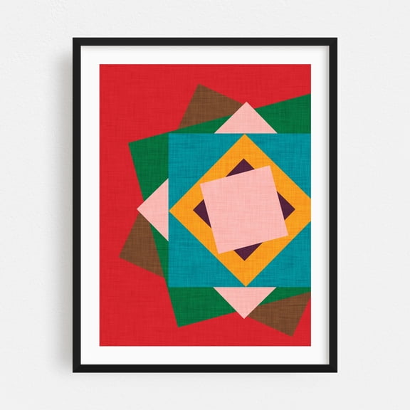 Kilim Flower- Mid Century Geo - Illustration Geometric Abstract Modern Art Pattern Mid-Century Modern Minimalist Black Framed Wall Art Print 12 x 16 inches