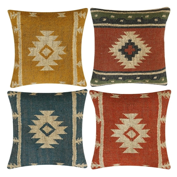 Kilim Pillowcase Wool Jute Square Decorative Indian Cushion Cover for Home Bedroom Dcor (4 Pcs,18")