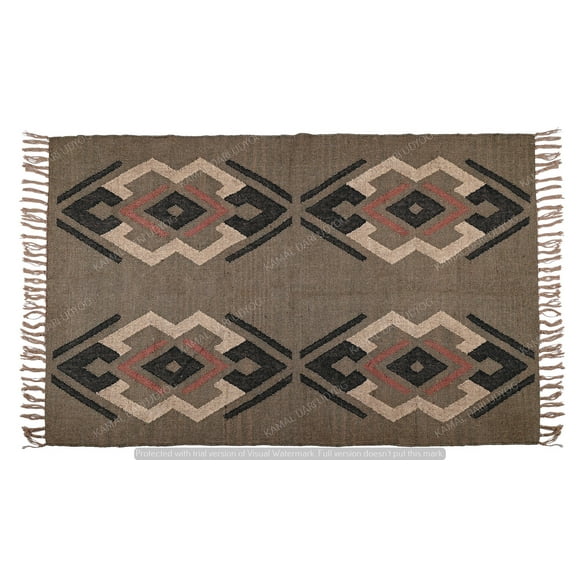 Kilim Rug Wool Jute Rug Bohemian Jute Rug Wool Rug Kelim Dhurri Decorative Custom Handmade Kilim Dhurrie Traditional Indian Wool Jute Rugs ( 3x5 Ft ) ( KILIM - 15 )
