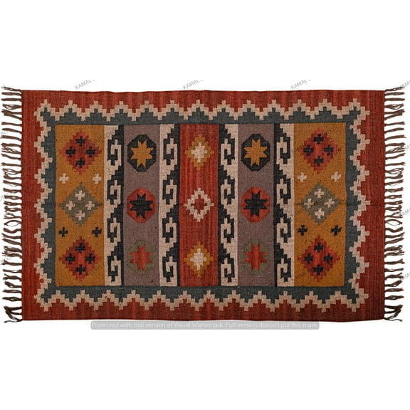 Kilim Rug Wool Jute Rug Bohemian Jute Rug Wool Rug Kelim Dhurri Decorative Custom Handmade Kilim Dhurrie Traditional Indian Wool Jute Rugs ( 3x5 Ft ) ( KILIM - 99 )