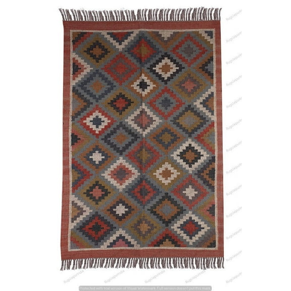 Kilim Rug Wool Jute Rug Bohemian Jute Rug Wool Rug Kelim Dhurri Wool and Jute Rug Handmade Kilim Dhurrie Traditional Indian Wool Jute Rugs ( 3x5 Ft ) ( KILIM - 15 )