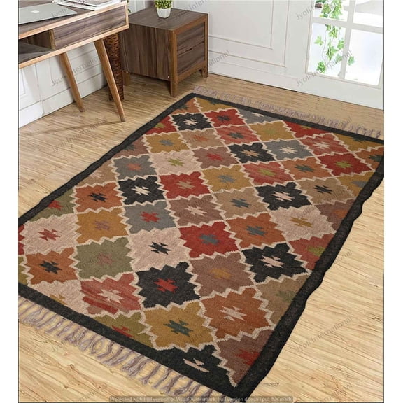 Kilim Rug Wool Jute Rug Bohemian Jute Rug Wool Rug Kelim Dhurri Wool and Jute Rug Handwoven Kilim Dhurrie Decorative Boho Indian Wool Jute Rugs ( 3x5 Ft ) ( KILIM - 70 )