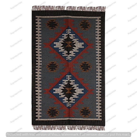 Kilim Rug Wool Jute Rug Bohemian Jute Rug Wool Rug Kelim Dhurri Wool and Jute Rug Handwoven Kilim Dhurrie Decorative Boho Indian Wool Jute Rugs ( 3x5 Ft ) ( KILIM - 42 )