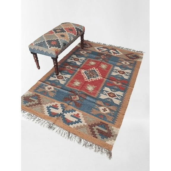 Kilim Rug Wool Jute Rug Bohemian Jute Rug Wool Rug Kelim Dhurri Wool and Jute Rug Handmade Kilim Dhurrie Traditional Indian Wool Jute Rugs ( 4x6 Ft )