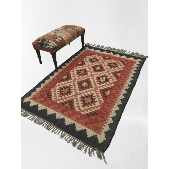 Kilim Rug Wool Jute Rug Bohemian Jute Rug Wool Rug Kelim Dhurri Wool and Jute Rug Handmade Kilim Dhurrie Traditional Indian Wool Jute Rugs ( 4x6 Ft )
