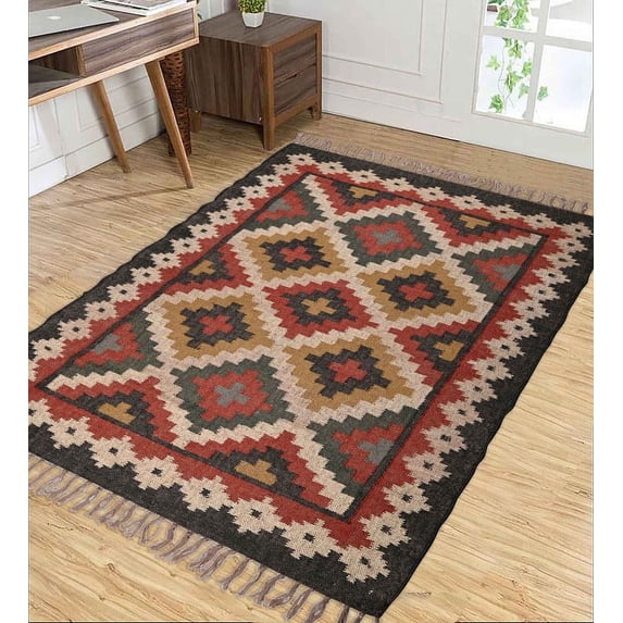 Kilim Rug Wool Jute Rug, Bohemian Rugs, Wool and Jute Rug Handmade, Kilim Dhurrie Rug, Jute Rug Wool Rug Kilim Dhurri Traditional Indian Custom Decorative Boho ( 8x10 Ft ) (KILM-77)