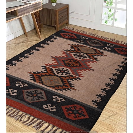 Kilim Rug Wool Jute Rug, Bohemian Rugs, Wool and Jute Rug Handmade, Kilim Dhurrie Rug, Jute Rug Wool Rug Kilim Dhurri Traditional Indian Custom Bohemian Boho ( 3x5 Ft ) (KILM-98)