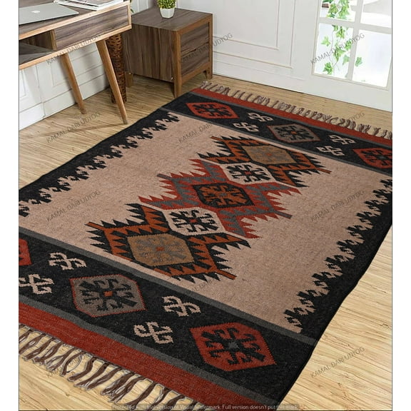 Kilim Rug Wool Jute Rug, Bohemian Rugs, Wool and Jute Rug Handmade, Kilim Dhurrie Rug, Jute Rug Wool Rug Kilim Dhurri Traditional Indian Custom Bohemian Boho ( 3x5 Ft ) (KILM-98)