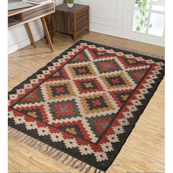 Kilim Rug Wool Jute Rug, Bohemian Rugs, Wool and Jute Rug Handmade, Kilim Dhurrie Rug, Jute Rug Wool Rug Kilim Dhurri Traditional Indian Custom Decorative Boho ( 3x5 Ft ) (KILM-77)