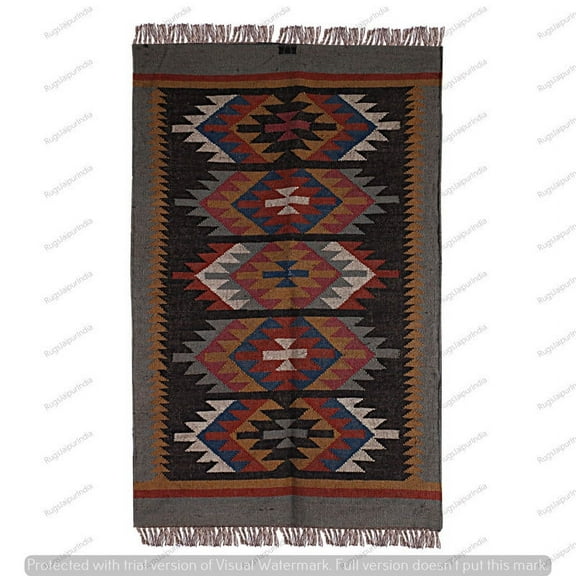 Kilim Rug Wool Jute Rug, Bohemian Rugs, Wool and Jute Rug Handmade, Kilim Dhurrie Rug, Jute Rug Wool Rug Kilim Dhurri Traditional Indian Custom Decorative Boho ( 3x5 Ft ) (KILM-43)