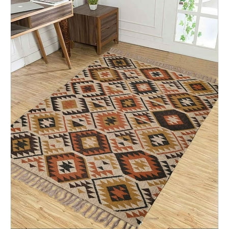 Kilim Rug Wool Jute Rug Rugs Bohemian Jute Rug Wool Rug Kelim Dhurri Boho Decorative Handmade Kilim Dhurrie Custom Vintage Handwoven Traditional Indian ( 3x5 Ft ) ( KILIM-81 )