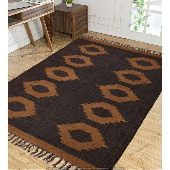 Kilim Rug Wool Jute Rug Rugs Bohemian Jute Rug Wool Rug Kelim Dhurri Boho Decorative Handmade Kilim Dhurrie Indian Custom Gifts Room Handwoven Traditional Rugs ( 3x5 Ft ) ( KILIM-95)