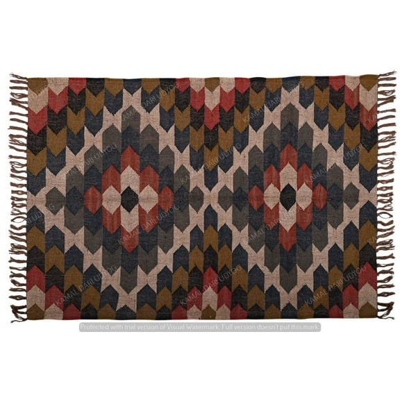 Kilim Rug Wool Jute Rug Rugs Bohemian Jute Rug Wool Rug Kelim Dhurri Boho Decorative Handmade Kilim Dhurrie Indian Custom Gifts Room Handwoven Traditional Rugs ( 3x5 Ft ) ( KILIM-41