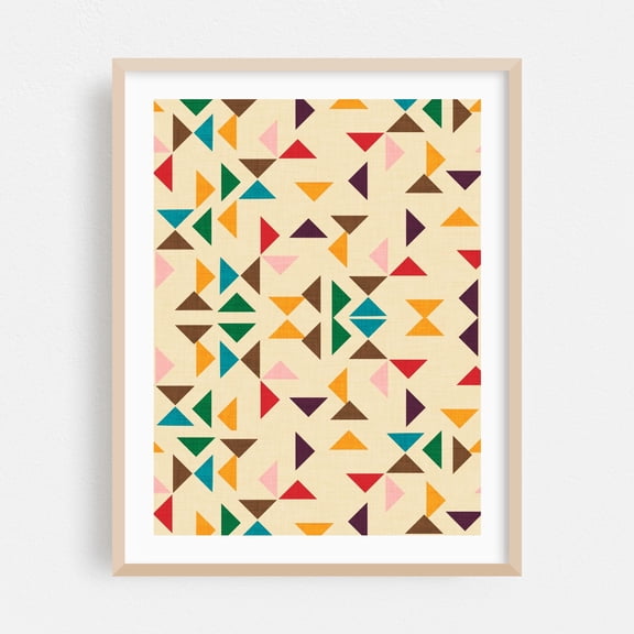 Kilim Triangle Pattern Beige - Mid Mod - Illustration Geometric Pattern Abstract Modern Art Mid-Century Modern Retro Oak Framed Wall Art Print 11 x 14 inches