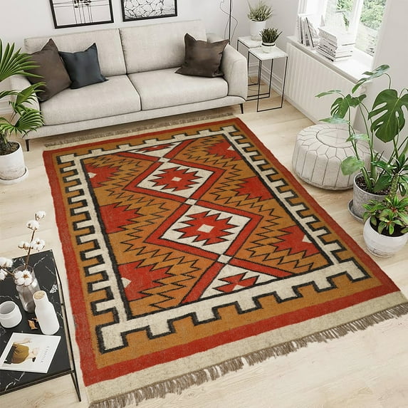 Kilim Wool Jute Rug – Handwoven Southwestern Area Rug with Tribal Geometric Pattern & Fringe 4 X 6 FEET