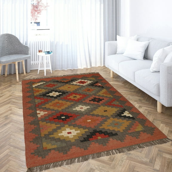 Kilim Wool Jute Rug Handwoven Southwestern Area Rug with Tribal Geometric Pattern & Fringe 4 X 6 FEET