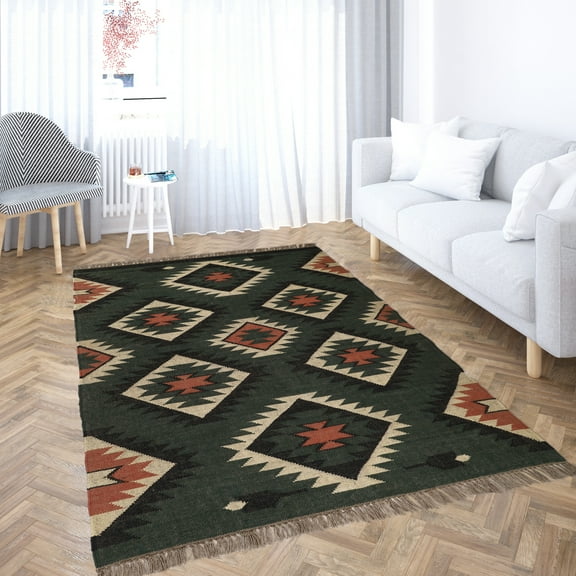Kilim Wool Jute Rug – Handwoven Southwestern Area Rug with Tribal Geometric Pattern & Fringe 5 X 7   FEET