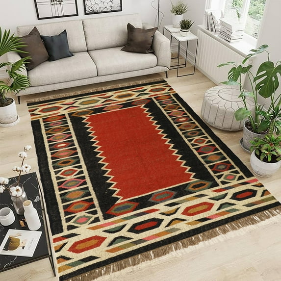 Kilim Wool Jute Rug – Handwoven Southwestern Area Rug with Tribal Geometric Pattern & Fringe 5 X 7 FEET