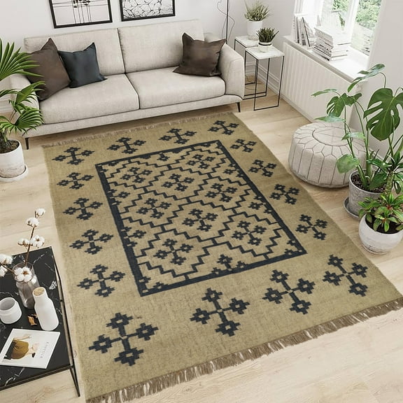 Kilim Wool Jute Rug Handwoven Southwestern Area Rug with Tribal Geometric Pattern & Fringe 9 X 12 FEET