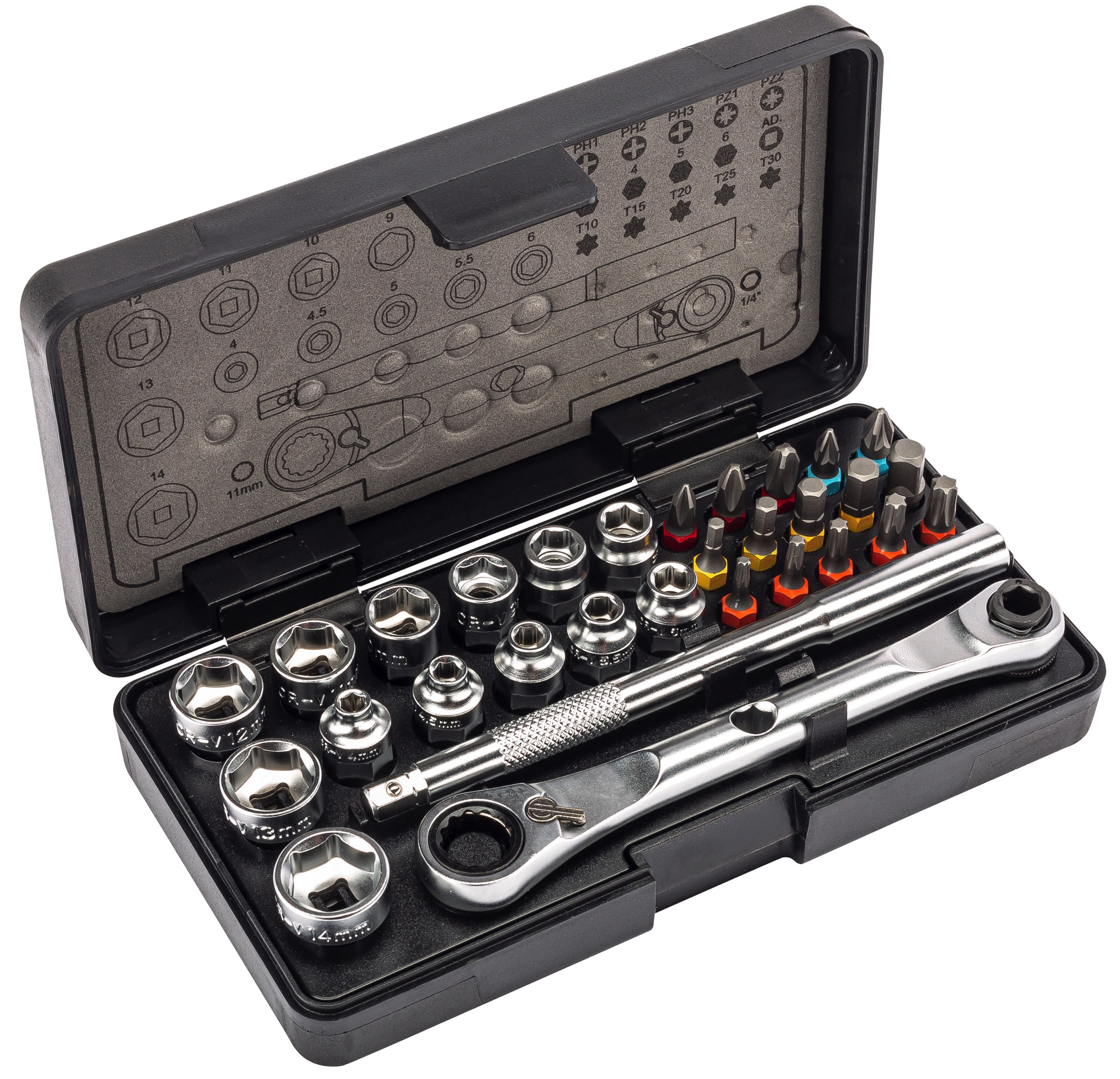 Kilimanjaro 30-Piece Bicycle Double Ratchet Wrench and Socket Set - Super Short Bike Tool Kit with Ratchet Wrench, Hex, Torx & Bits for Tight Spaces - Compact & Portable Maintenance Kit - 910547ECE