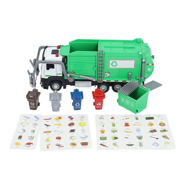 Kilisky Car Toys for Boys Girls 1:32 Garbage Truck Toy with Dumpster 4 Trash Bins Friction Powered Light Sounds Waste Material Vehicle Model