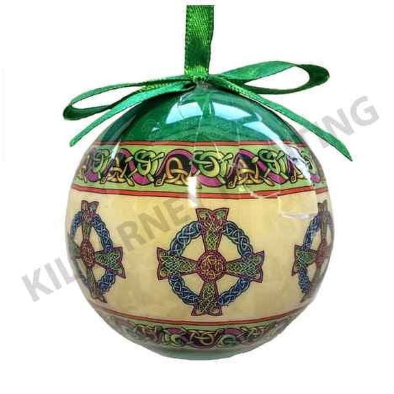 Killarney Printing Glass Bauble Irish Cross Design Green Colored Christmas Celtic Ornament Holiday Decoration New Year Party Festivity Souvenir Present
