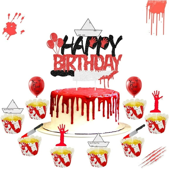 Have A Killer Halloween Theme Happy Birthday Cake Topper & Cupcake Toppers Set for Bloody Scary Birthday Supplies for Girls Boys, Horror Halloween Theme Birthday Party Decorations