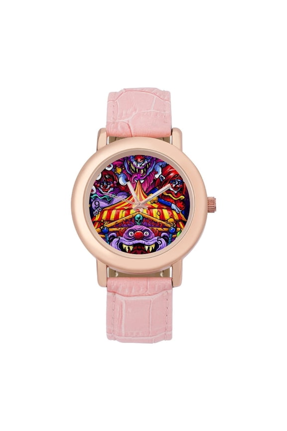 Killer Klowns from Outer Space Clown Soft Leather Strap Watch Adult Classic Ladies Leather Strap Wrist Watch Adjustable Fit for Wrist Sizes 5.7" to 8.7"
