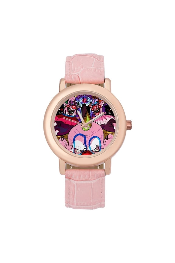 Killer Klowns from Outer Space Clown Soft Leather Strap Watch Adult Classic Ladies Leather Strap Wrist Watch Adjustable Fit for Wrist Sizes 5.7" to 8.7"
