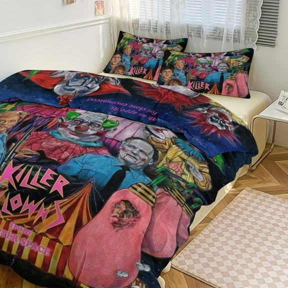 Killer-Klowns-from-Outer-Space-clown Printed Quilt Set 3-Pieces for Kids Adults with 2 Pillowcases 1 Duvet Cover Soft Funny Bedding Set 86"x70"