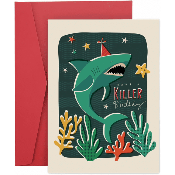 Killer Shark Birthday Card  Fun Ocean-Themed Greeting for Kids and Adults  Includes Envelope, Blank Inside for Personal Messages