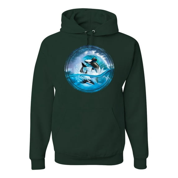 Killer Whale Circle Underwater Blue Sperm Whales Fashion Graphic Hoodie Sweatshirt, Forest Green, X-Large