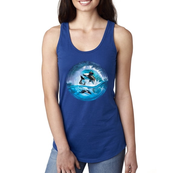 Killer Whale Circle Underwater Blue Sperm Whales Fashion Ladies Racerback Tank Top, Royal, Medium